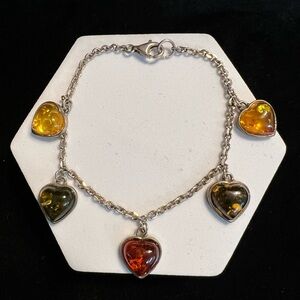 Sterling Amber Heart Charm Bracelet